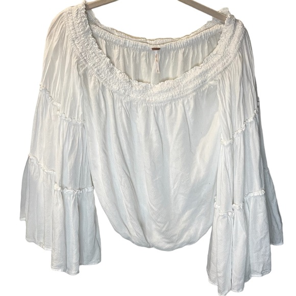 Free People Free Spirit White Flare Bell Sleeve Crop Peasant off shoulder Top S - Picture 4 of 6